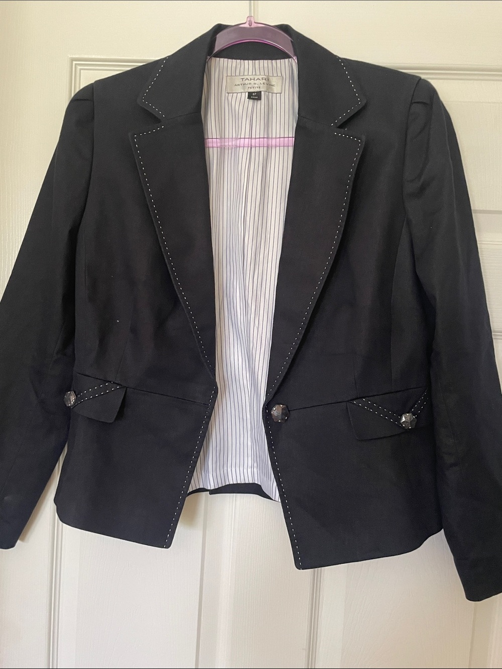 Tahari ASL Navy Women's Notched Collar Blazer with Stitch Detail